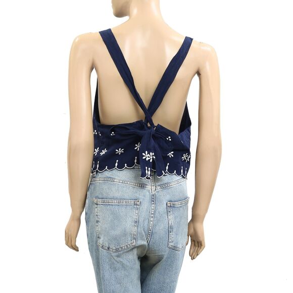 Free People Kayla Solid Embroidered Cropped Blouse Top Floral Cotton XL 280046 - Picture 6 of 7